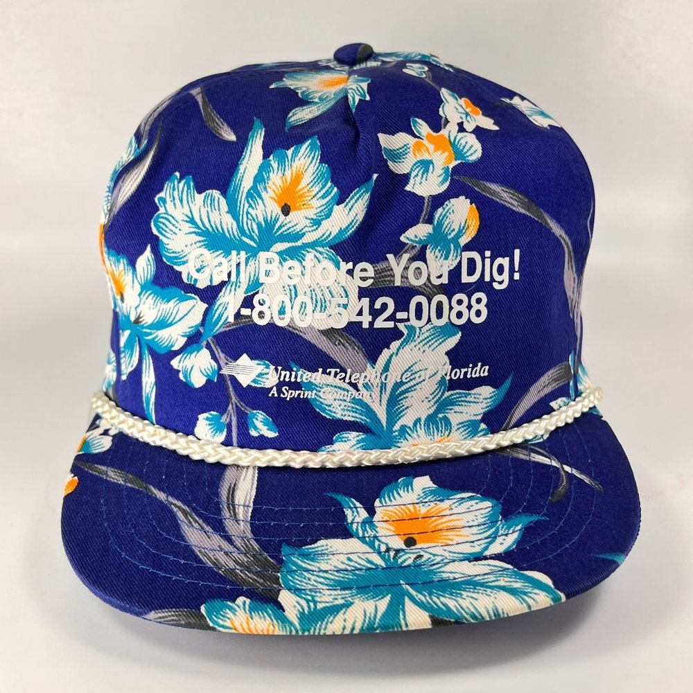 Vtg United Telephone Of Florida Snap Back Cap Hat Blue Floral San Sun Rope Mens